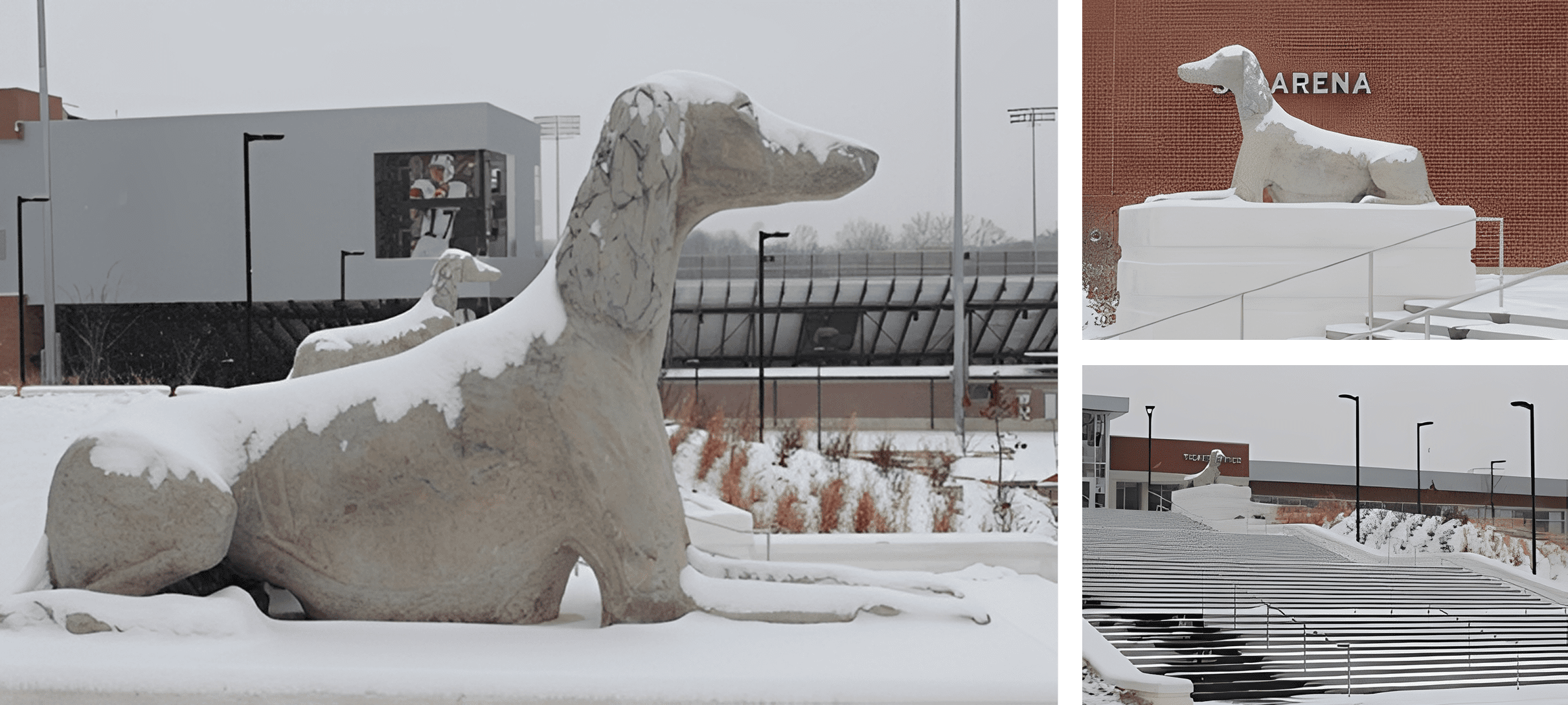 Snow-covered dog statues outside arena