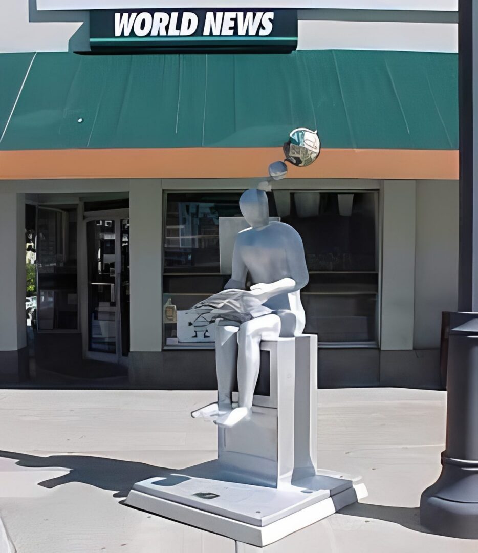 Sculpture of person reading newspaper