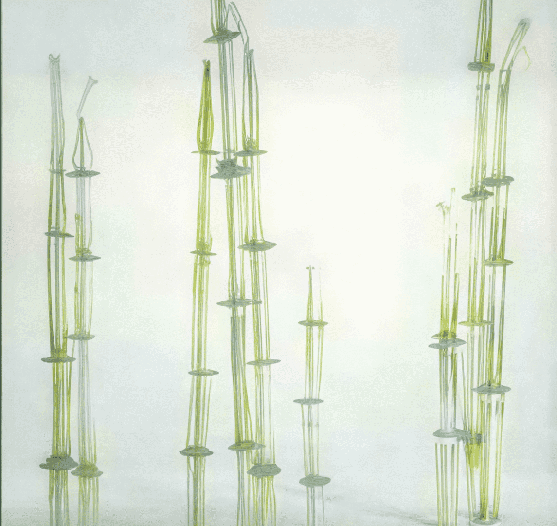 Tall green sculptures with round platforms