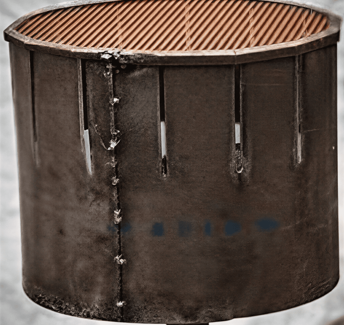 Rusty metal barrel with vertical slits.
