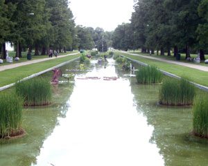 Reflective pond with surrounding greenery and walkway.