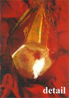 Glowing crystal pendant on red background.