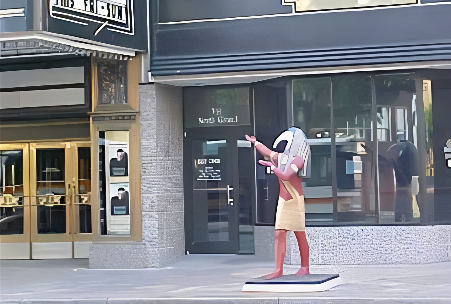Ancient Egyptian figure on city sidewalk