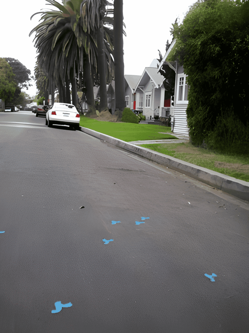 Residential street with blue markings
