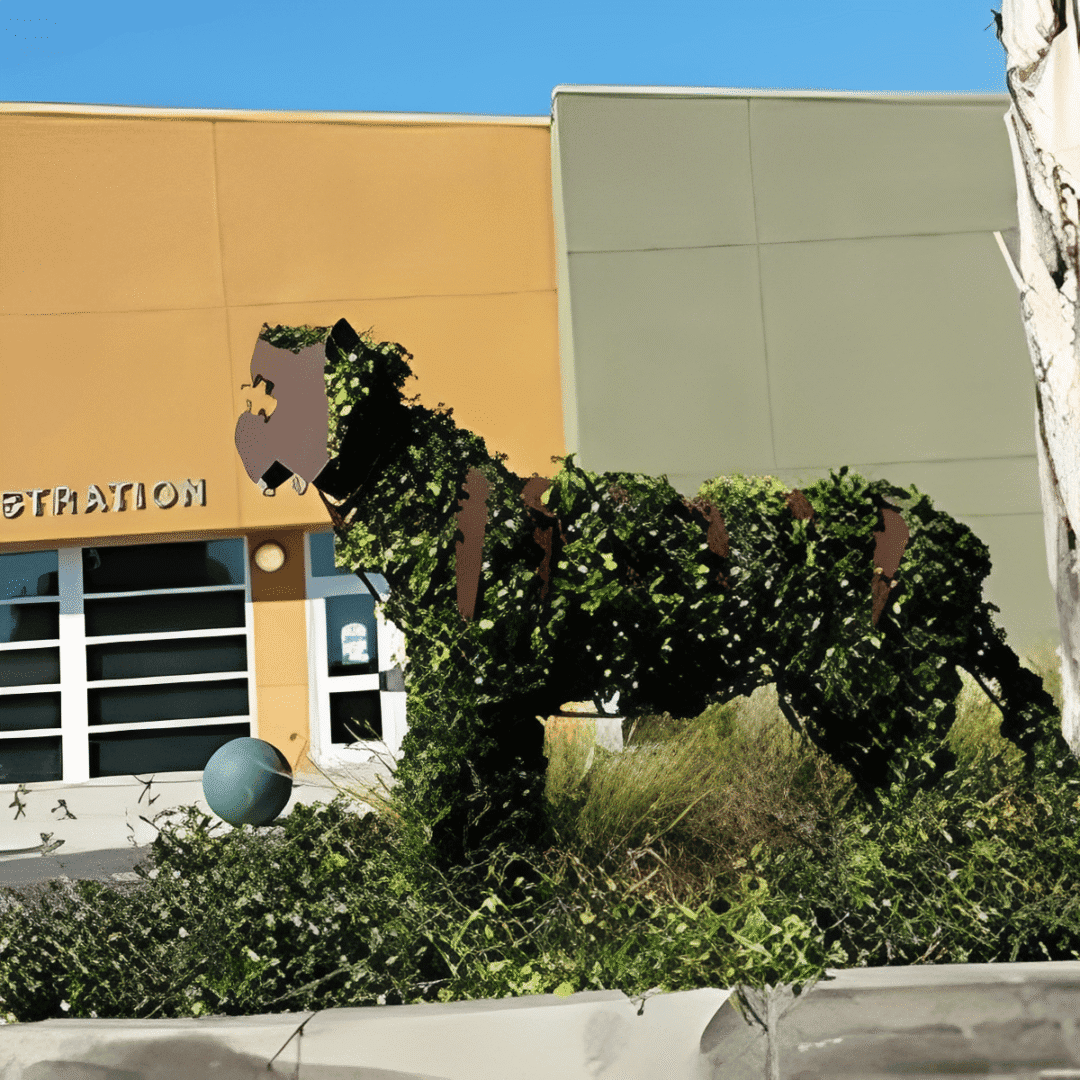 Bush shaped like a lion outside building