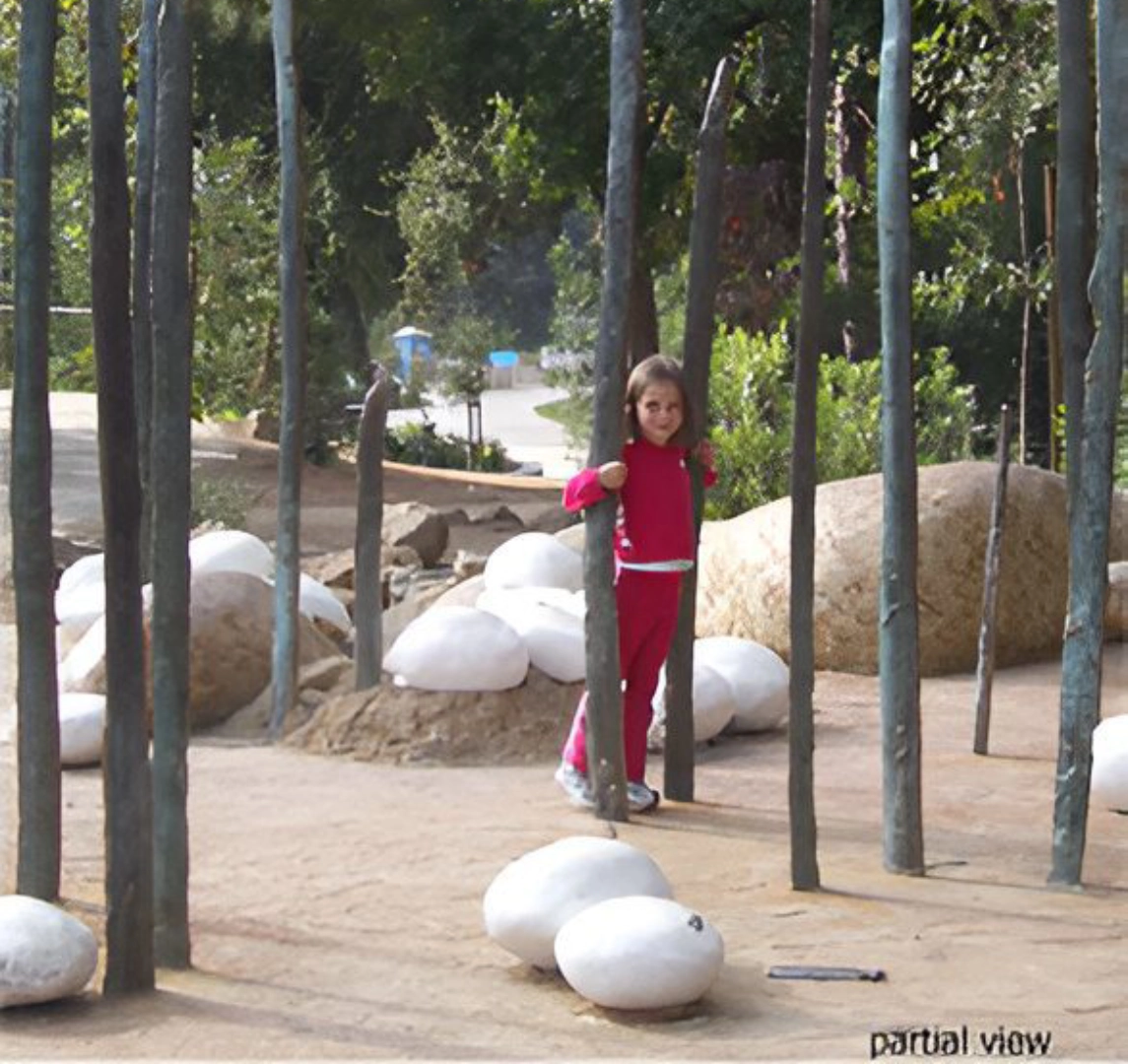 Girl in playground surrounded by poles.