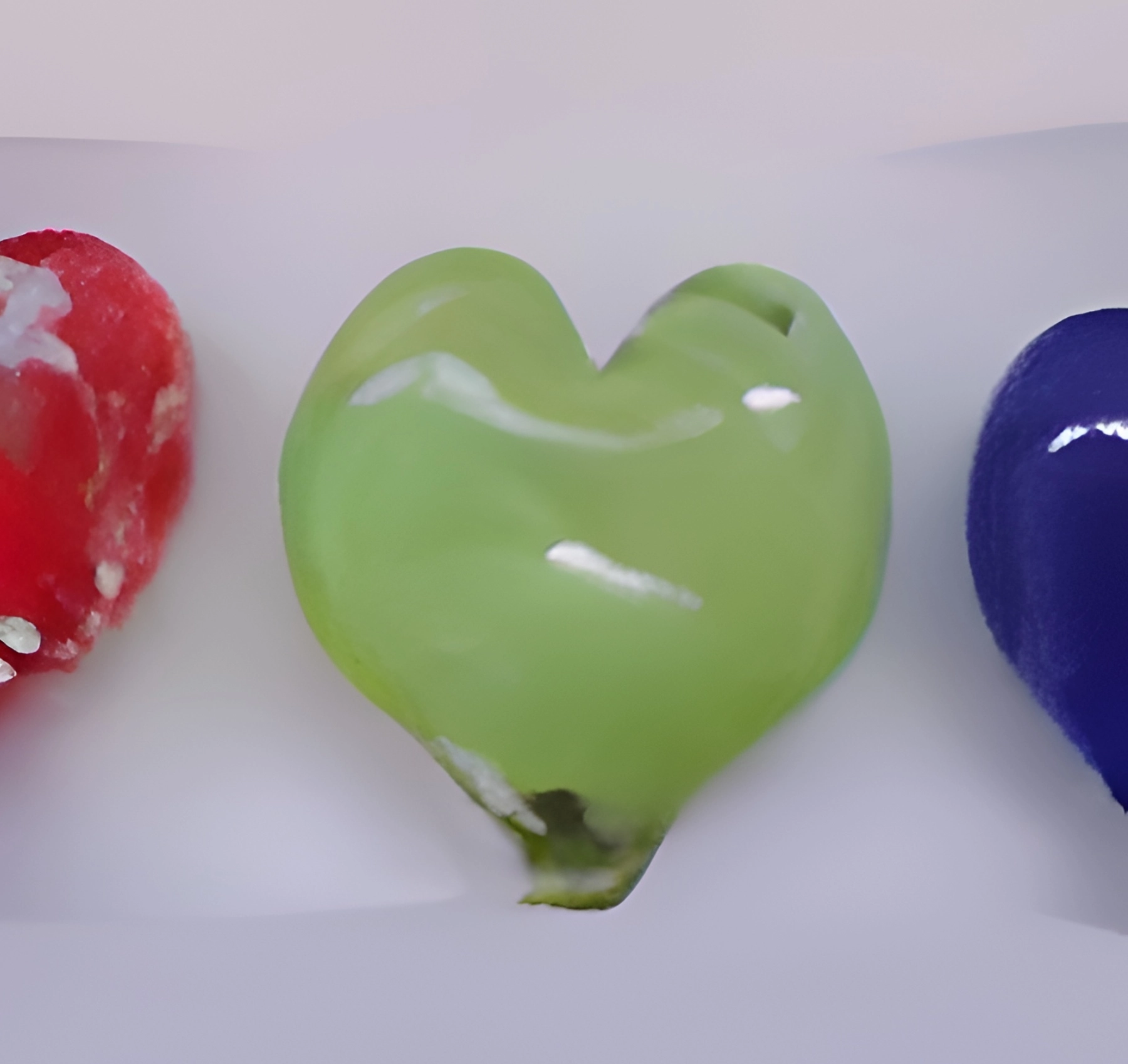 Red, green, blue heart-shaped objects aligned.