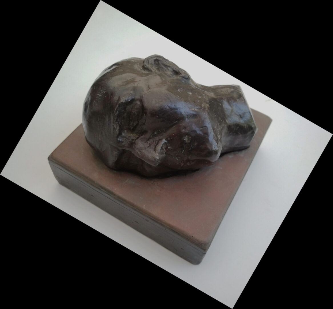 Bronze head sculpture on rectangular base.