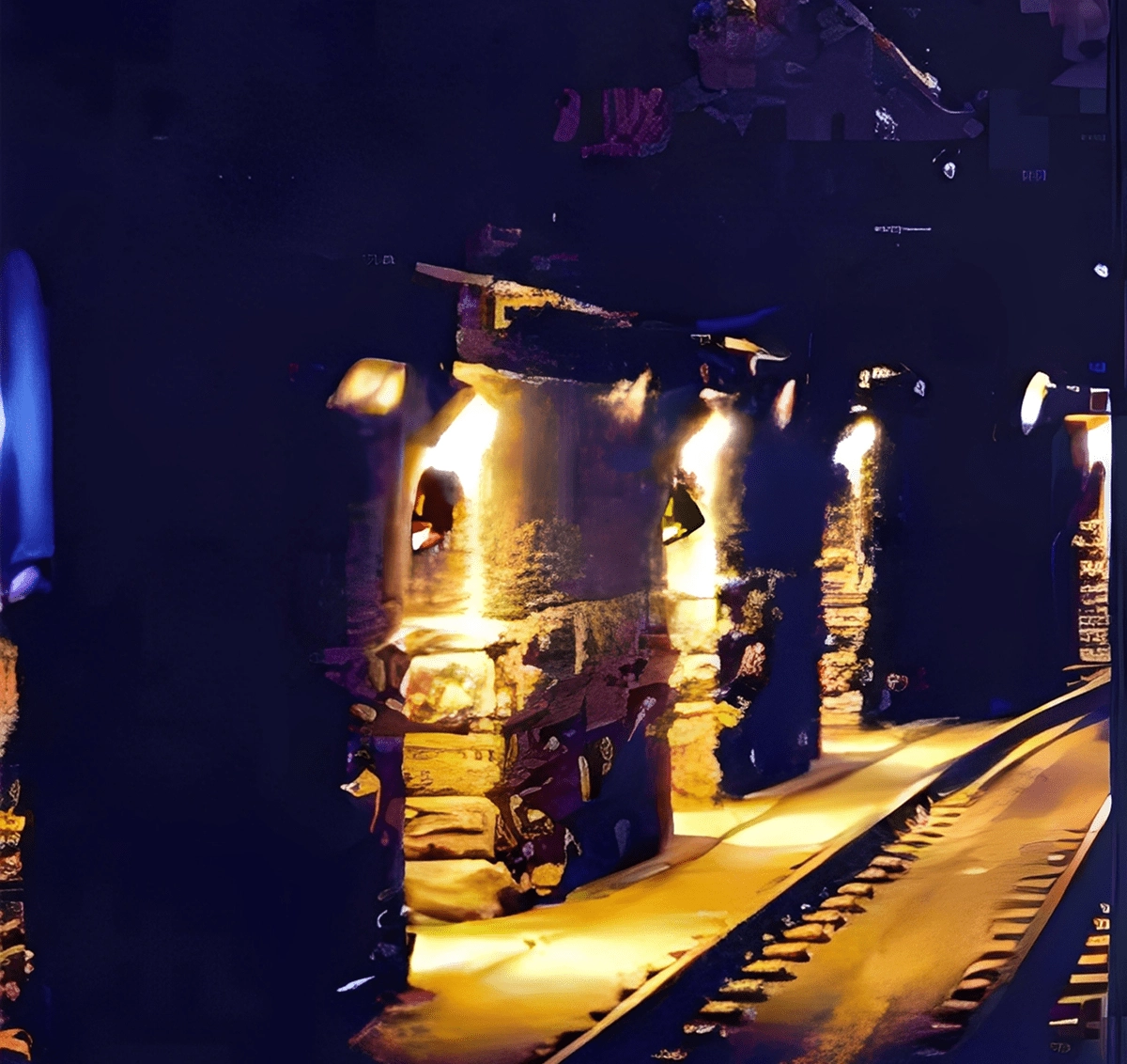 Dimly lit underground tunnel with lights.