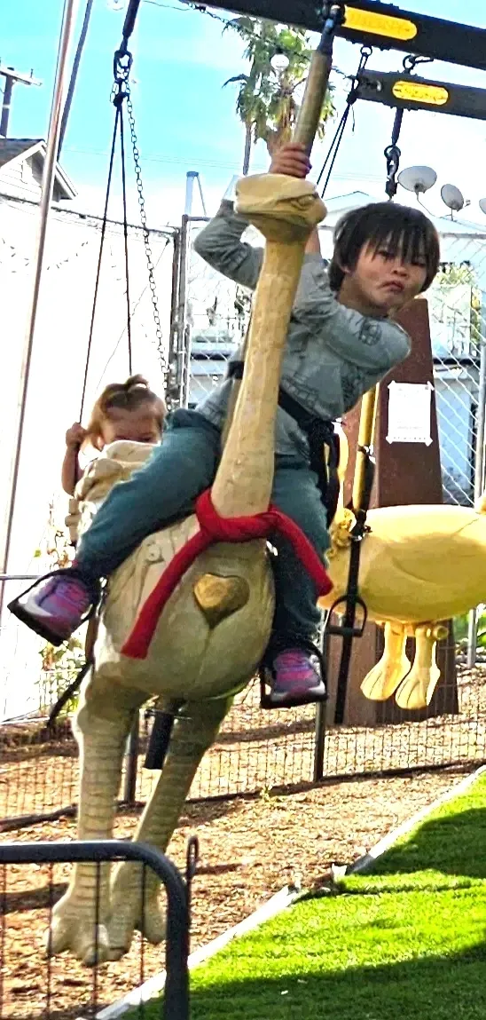 Child on ostrich-themed playground swing ride.