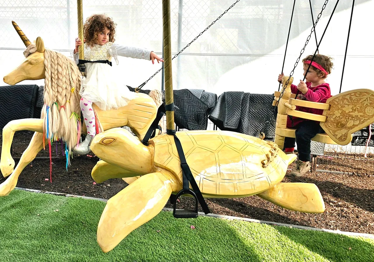 Children playing on unicorn and turtle swings.