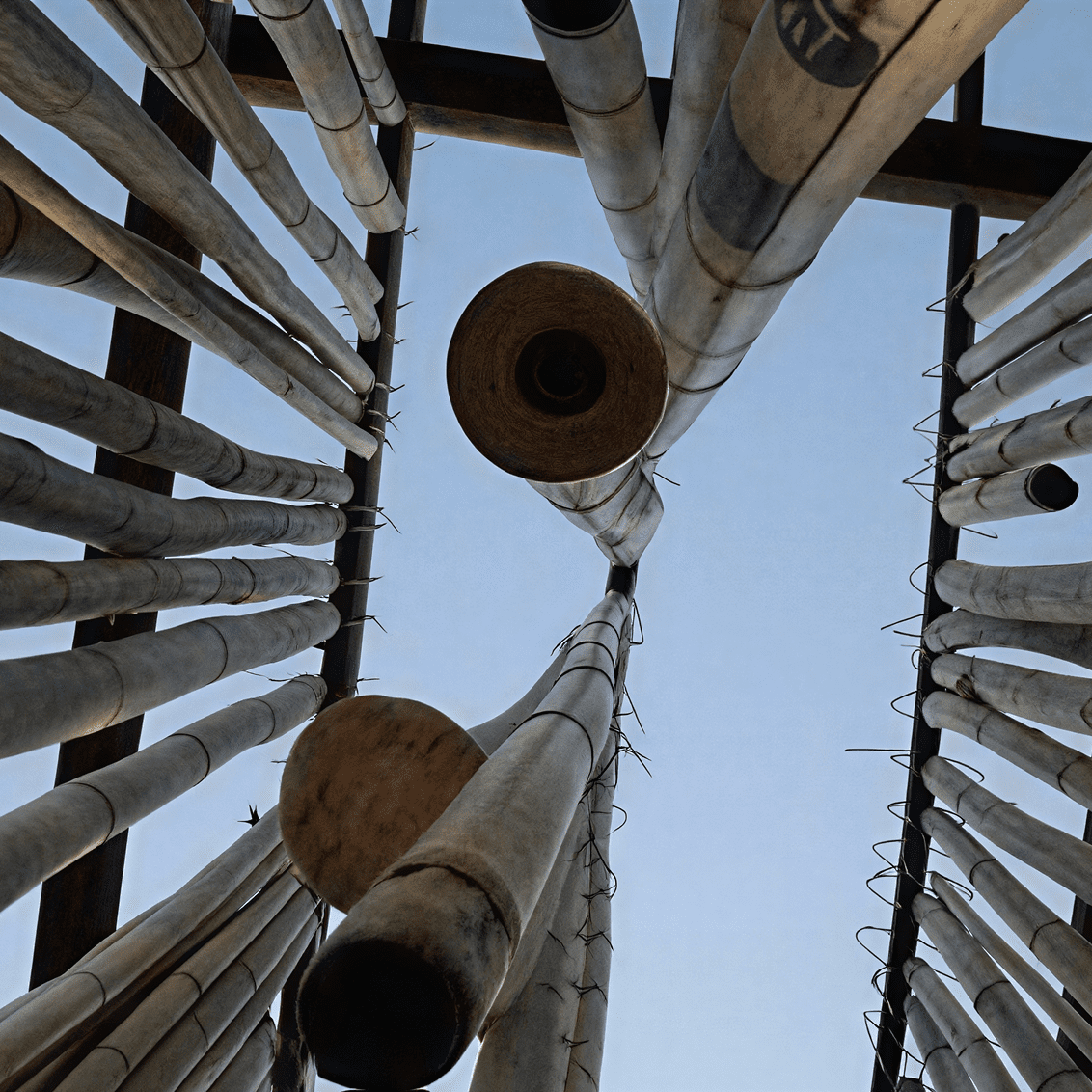 Abstract view of hanging bamboo structures