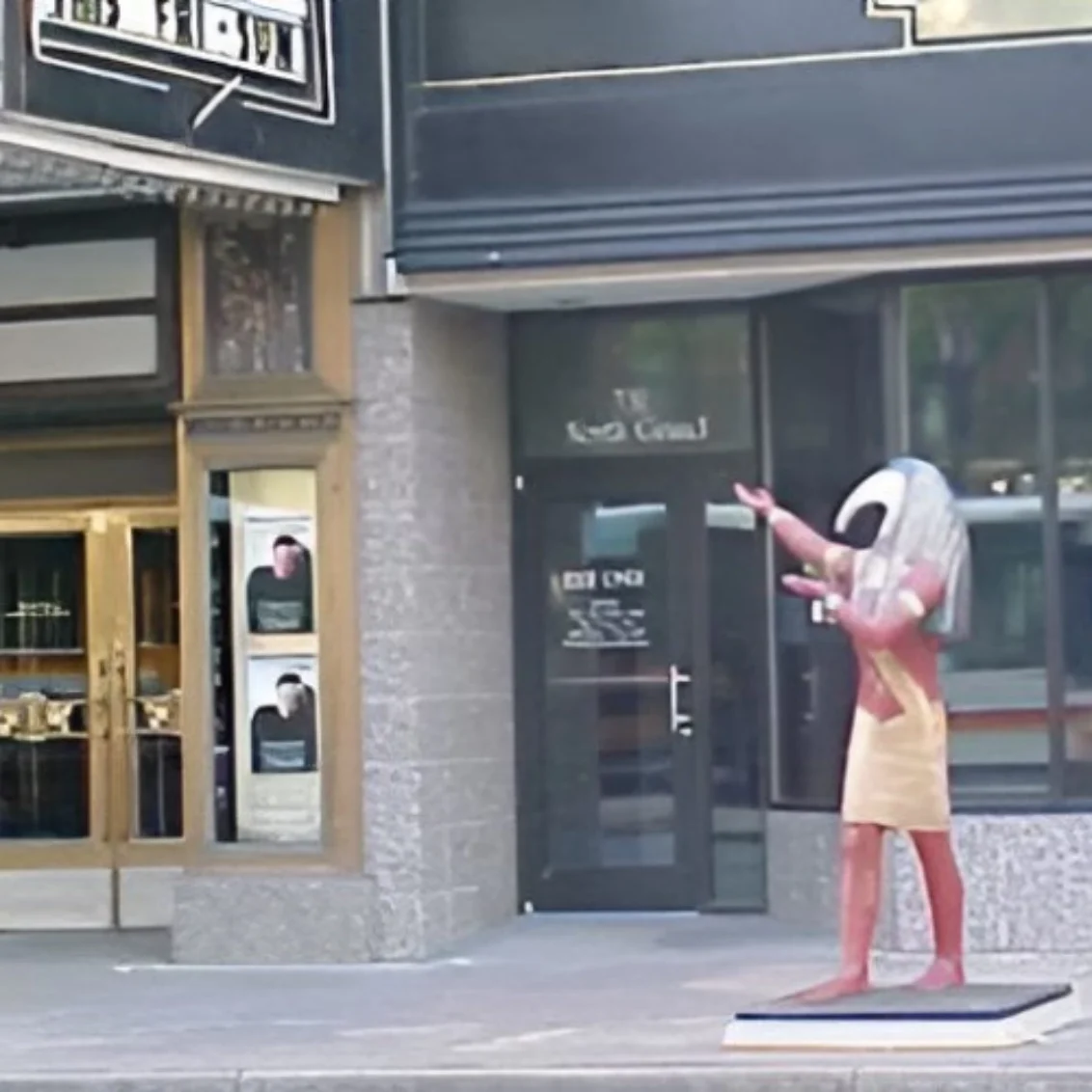 Egyptian statue displayed outside a building entrance.