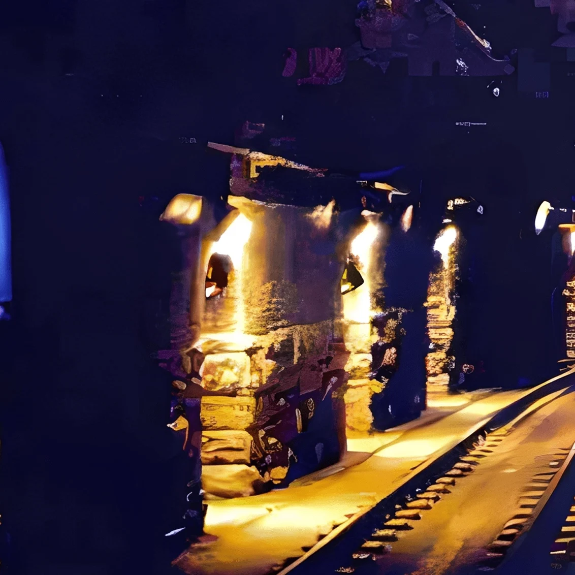 Dimly lit underground tunnel with lights.