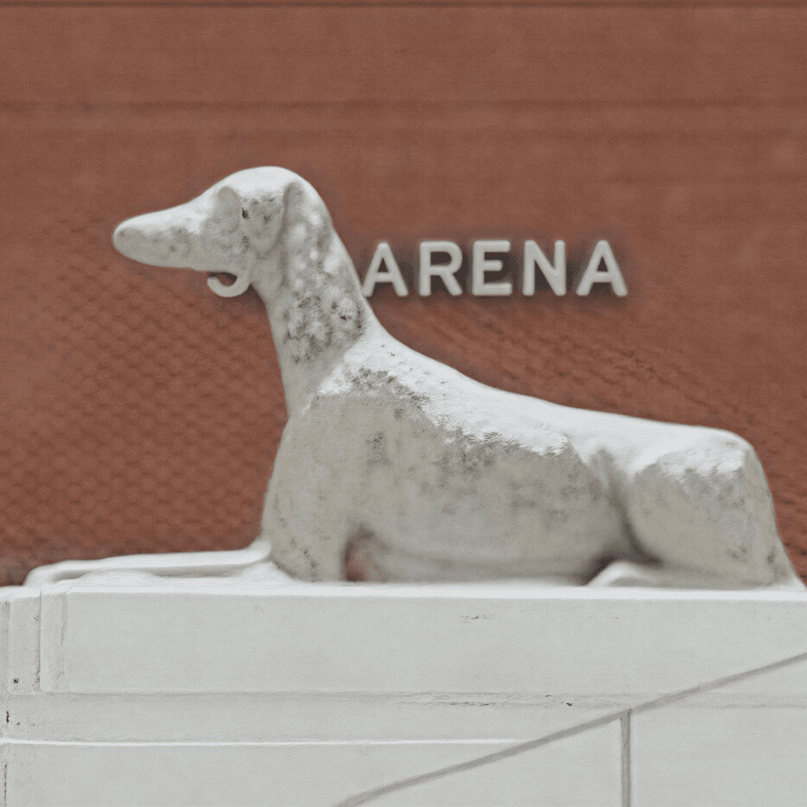 Canine sculpture on architectural structure